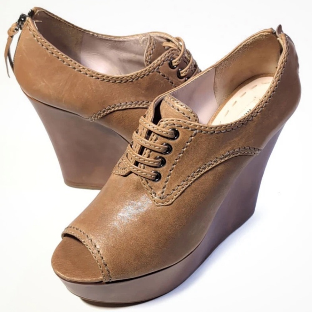 Miu Miu Tan Lace-Up Peep-Toe Wedges